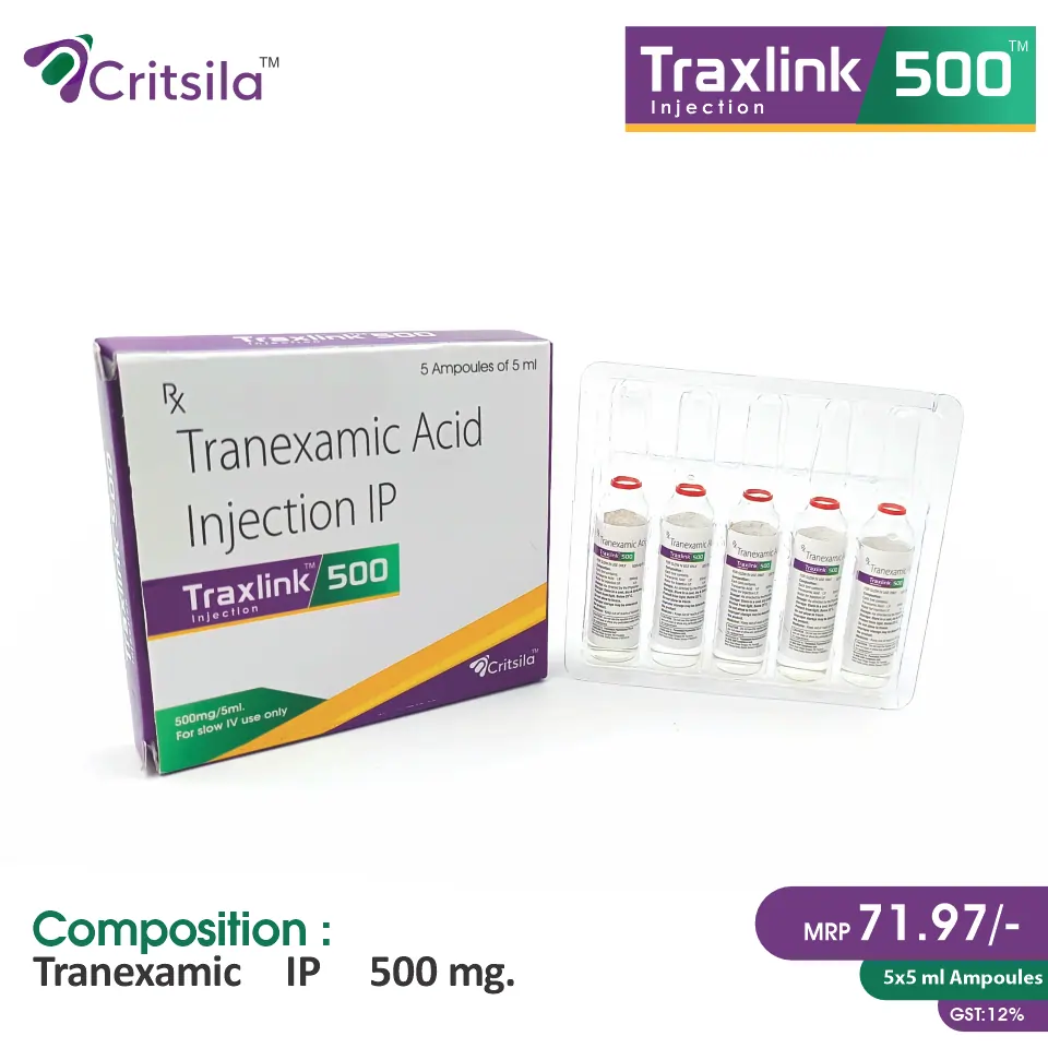 Tranexamic Acid (500mg) Injection at the best price in PCD Pharma Franchise for Hemostatic and Bleeding Control.